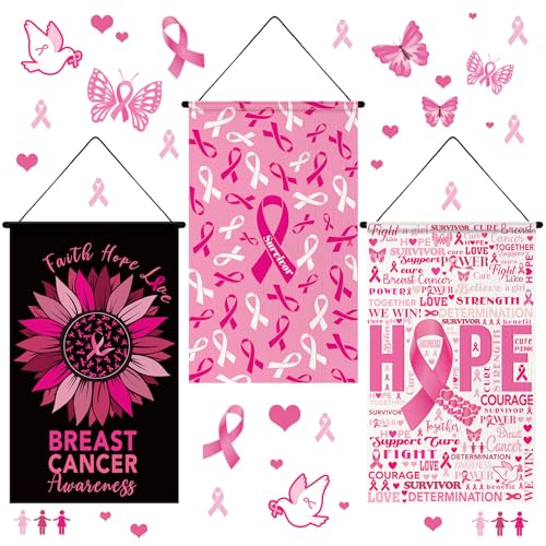 3 Pcs Breast Cancer Awareness Door Sign Flag Pink Ribbon Accessories