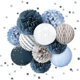 Dusty Blue Tissue Pom Poms & Paper Lanterns: Glitter Confetti Party Decor