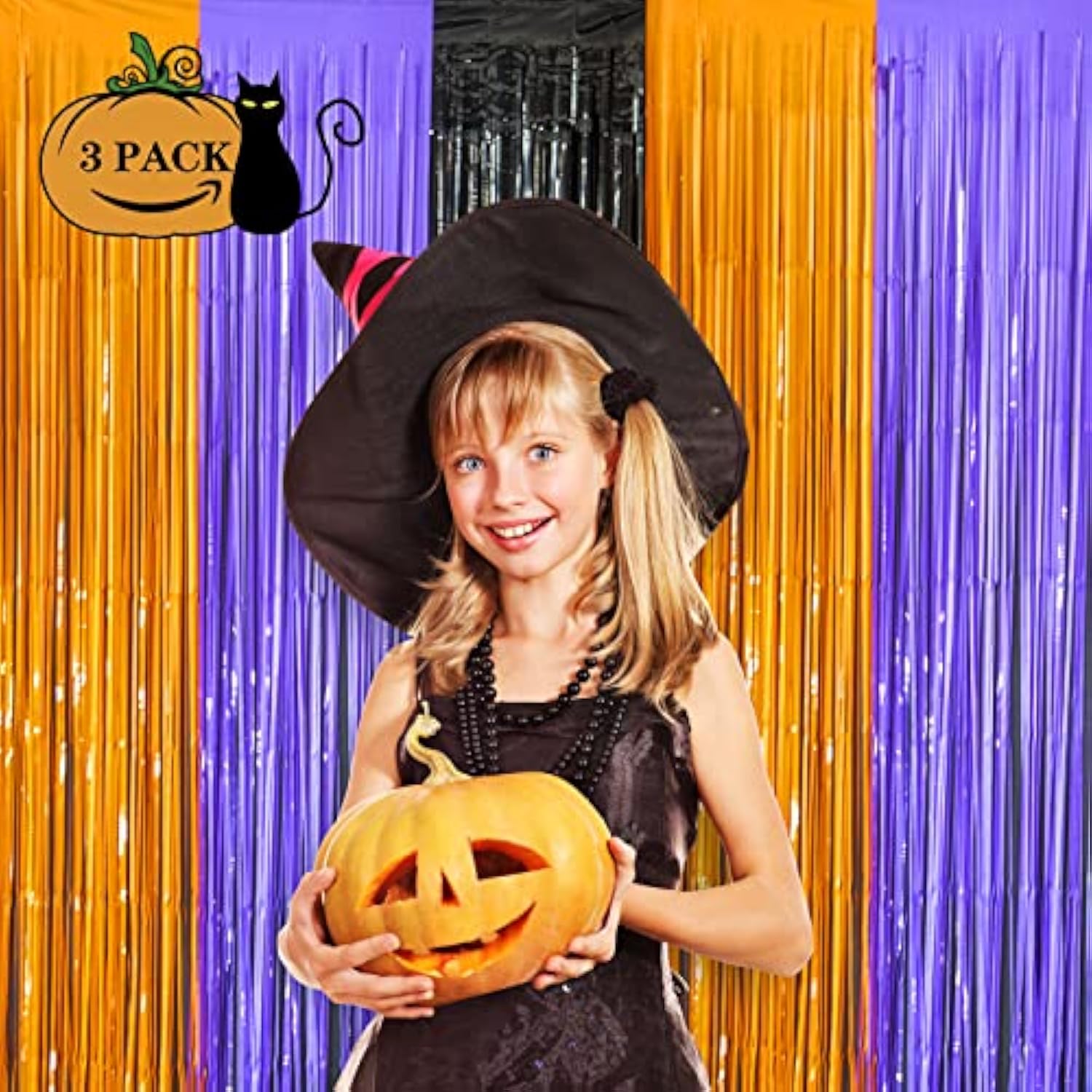 3 Pack Halloween Foil Fringe Curtains Backdrop Orange Purple Black Party Decor