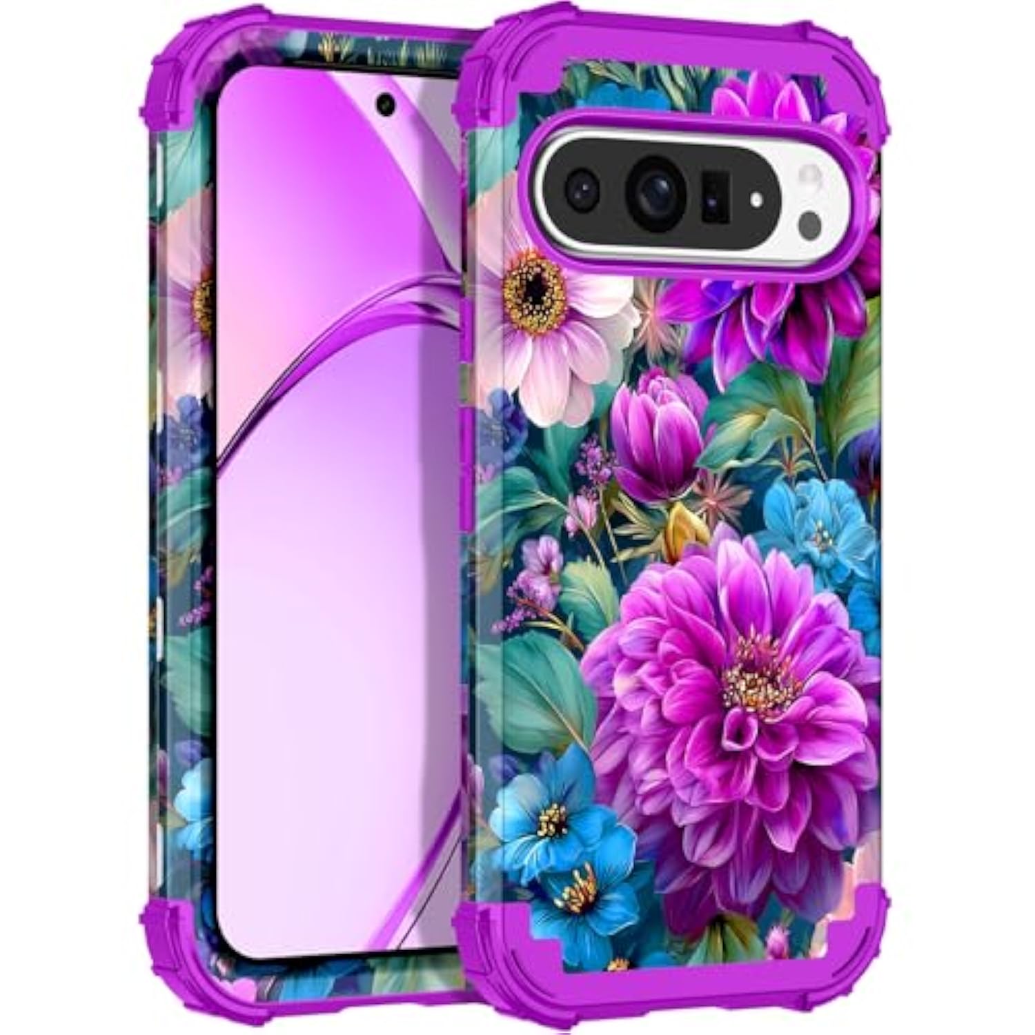 For Google Pixel 10 Pro Xl Case 2025, Glow In The Dark Three Layer [Military-Grade Protection] Heavy Duty Shockproof Protective Hard Pc&Tpu Bumper Case For Women Men, Purple Flower