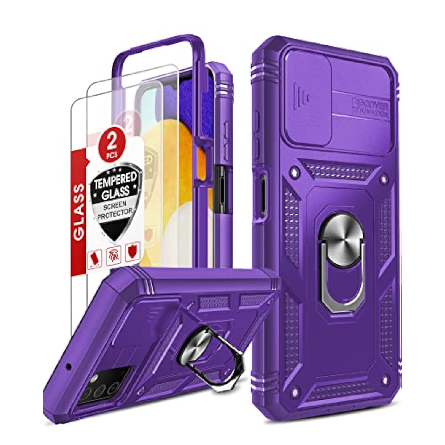 Compatible For Samsung A03S Case: Galaxy A03S Case With Slide Camera Cover + [2Pcs] Tempered Glass Screen Protector, Full Body Military-Grade Phone Case With Kickstand For Galaxy A03S, Purple