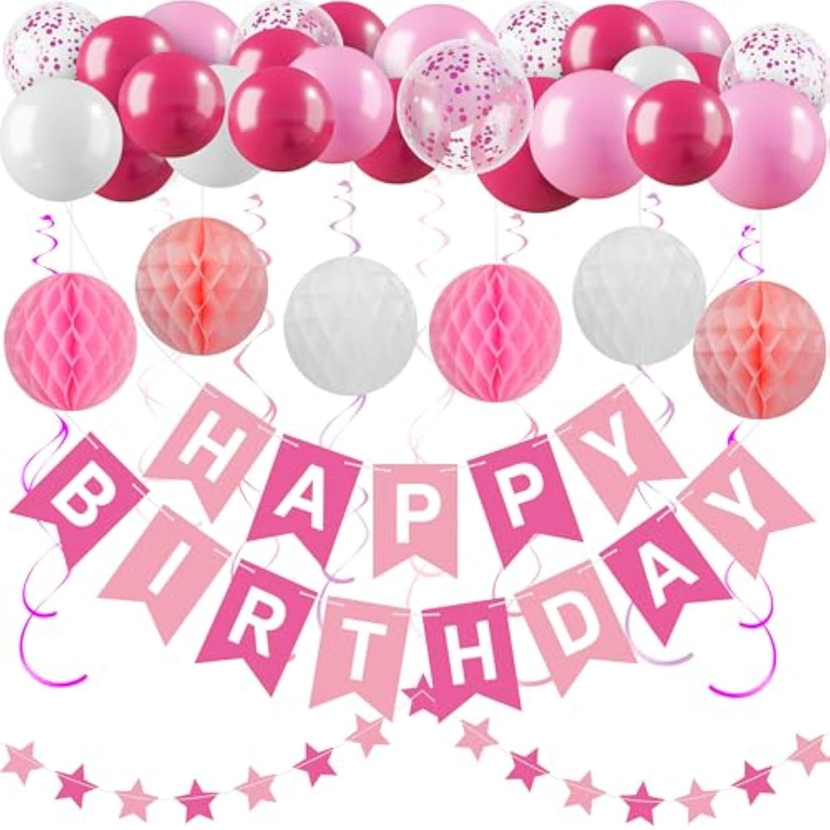 Pink Happy Birthday Decorations Kit For Women Girls Kids, Pre-Strung Birthday Banner Sign With Tissue Paper Poms, Star Garland, Balloons, Hanging Swirls Streamers For Party Decor