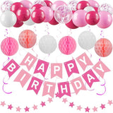 Pink Happy Birthday Decorations Kit For Women Girls Kids, Pre-Strung Birthday Banner Sign With Tissue Paper Poms, Star Garland, Balloons, Hanging Swirls Streamers For Party Decor