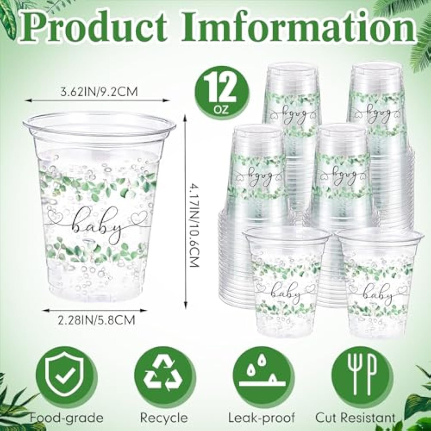 60 Pack Sage Eucalyptus Baby Shower Plastic Cups 12 Oz Sage Greenery Disposable Clear Plastic Cups For Baby Shower Birthday Boho Greenly Party Decorations Supplies
