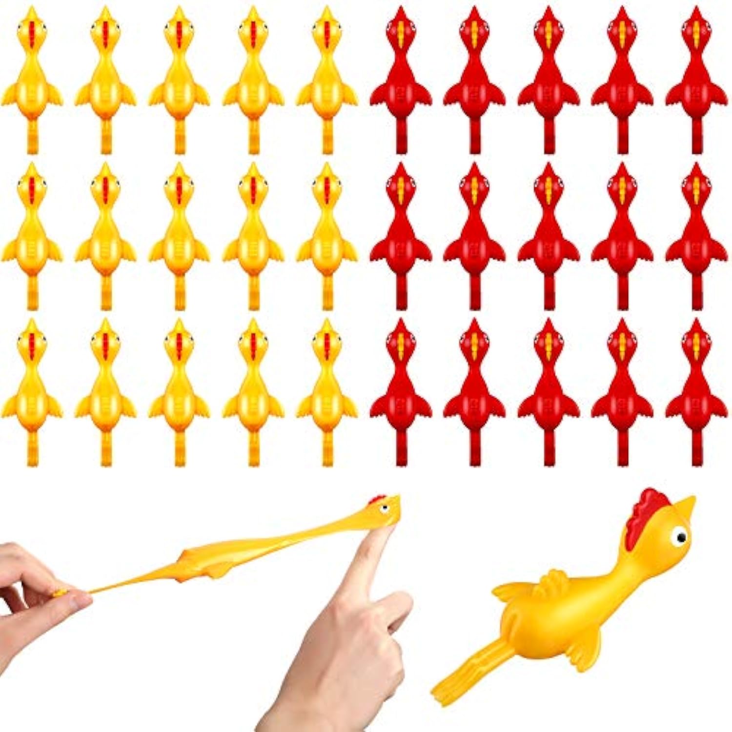 30 Pcs Rubber Chicken Slingshot Flying Chicken Fingers Stretchy Turkey Shooter For Party Favors Gift Goodie Bag Stuffers(Turkey,Yellow, Red)