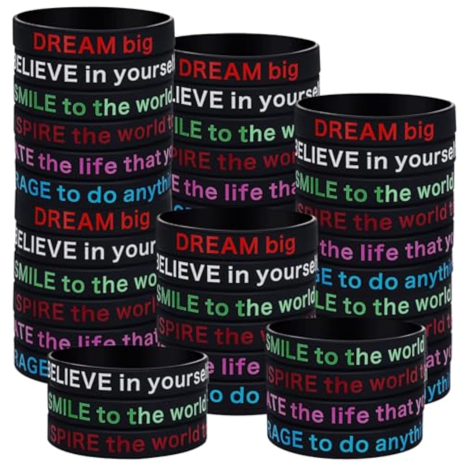 48 Pcs Motivational Quote Rubber Bracelets Colored Inspirational Silicone Wristbands Stretch Bracelets For Men Women Black History Month Teacher Office Party Favor Gifts(Black)