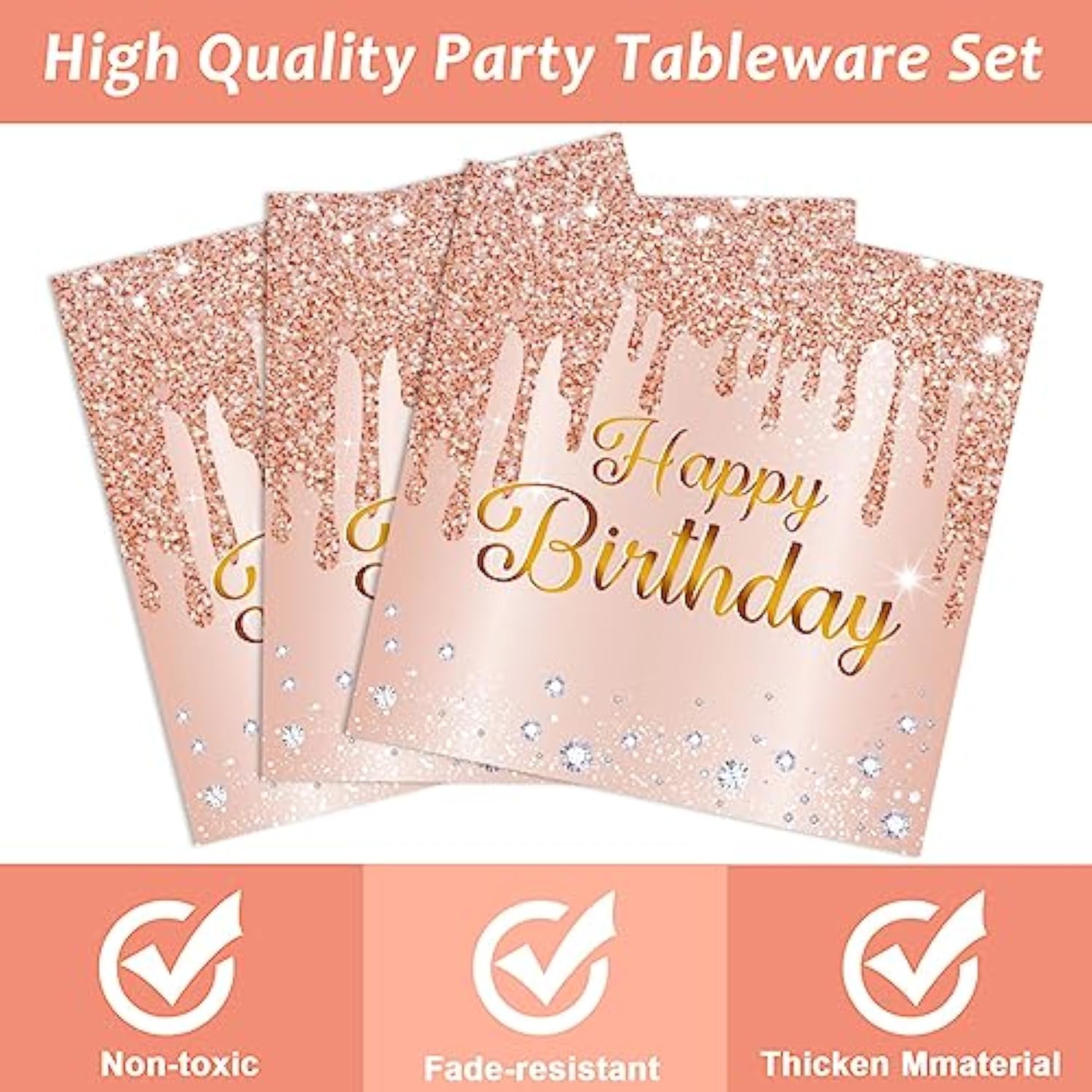 96 Pieces Happy Birthday Tableware Set For Pink Rose Gold Table Decorations Supplies Dessert Plates Napkins Forks Women 24 Guests Disposable Party Favors