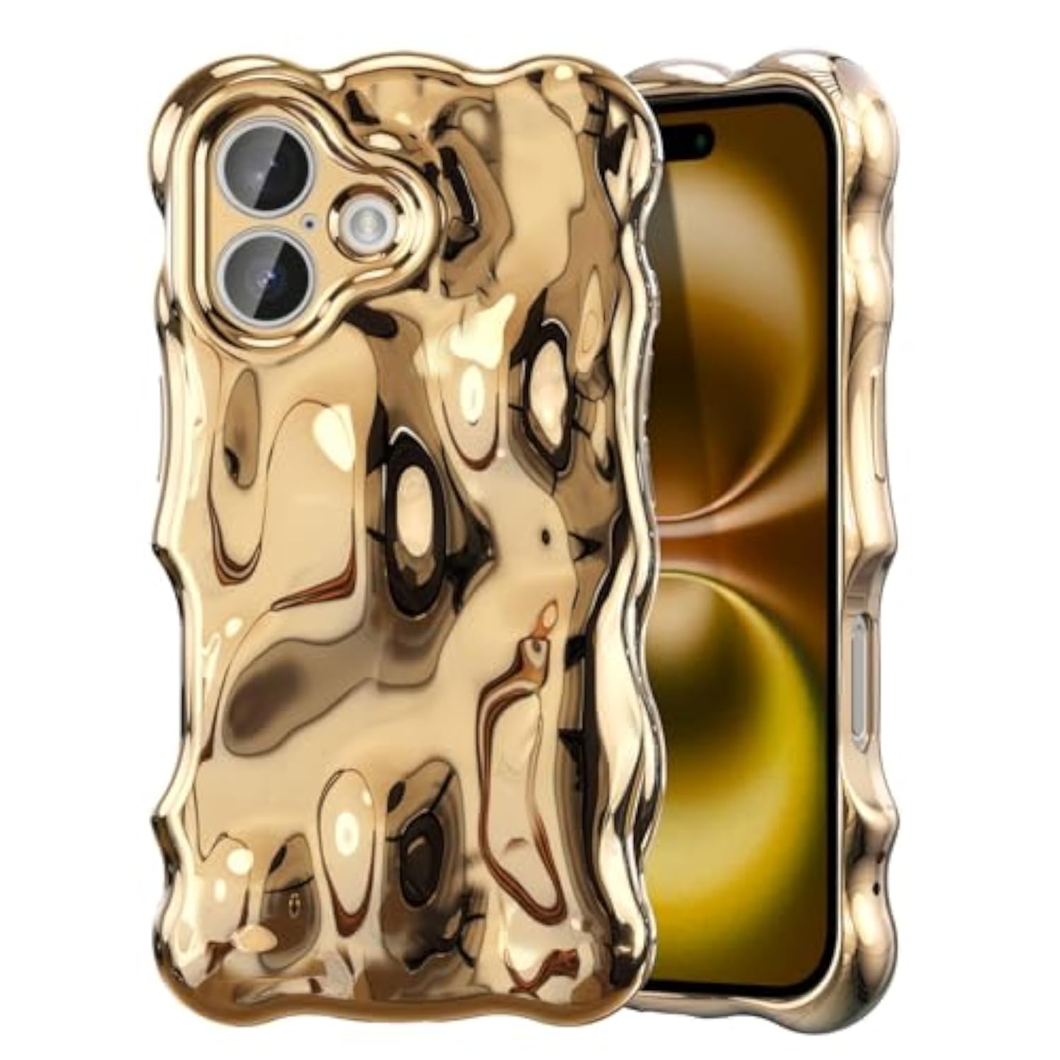 Cute Silver Ripple Case for iPhone 17, 3D Chrome Design Water Ripple Shell Phone Cover, Wave Shape Aesthetic Case for Women and Girls, Gold