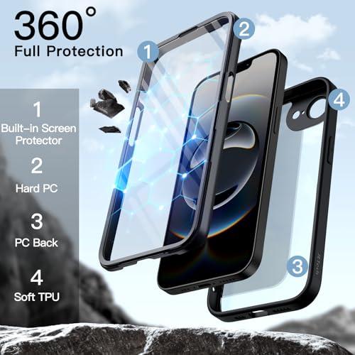 Case for iPhone 17e (2026) / iPhone 16e with Built-in Tempered Glass Screen Protector, 360 Degree Full Body Shockproof Phone Cover, Heavy Duty