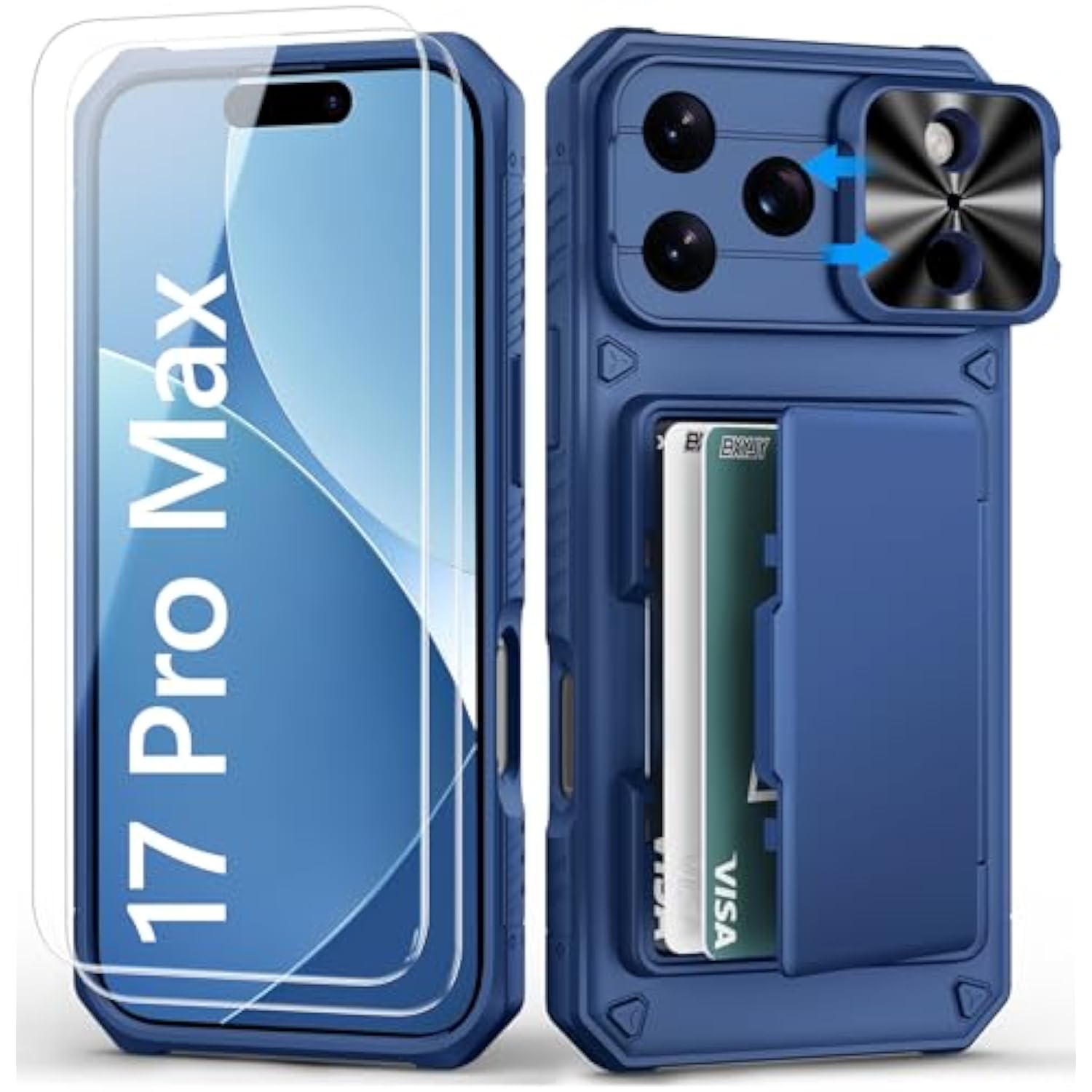 For Iphone 17 Pro Max Case Wallet With Screen Protector (Tempered Glass), Slide Camera Cover, Military Grade Drop, Card Holder (4-5 Cards), Heavy Duty Men Women Case For Iphone 17 Pro Max, Blue