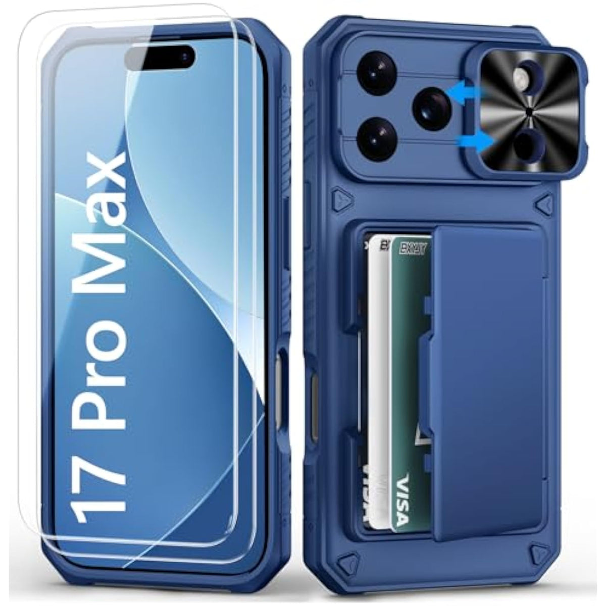 For Iphone 17 Pro Max Case Wallet With Screen Protector (Tempered Glass), Slide Camera Cover, Military Grade Drop, Card Holder (4-5 Cards), Heavy Duty Men Women Case For Iphone 17 Pro Max, Blue