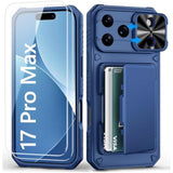 For Iphone 17 Pro Max Case Wallet With Screen Protector (Tempered Glass), Slide Camera Cover, Military Grade Drop, Card Holder (4-5 Cards), Heavy Duty Men Women Case For Iphone 17 Pro Max, Blue