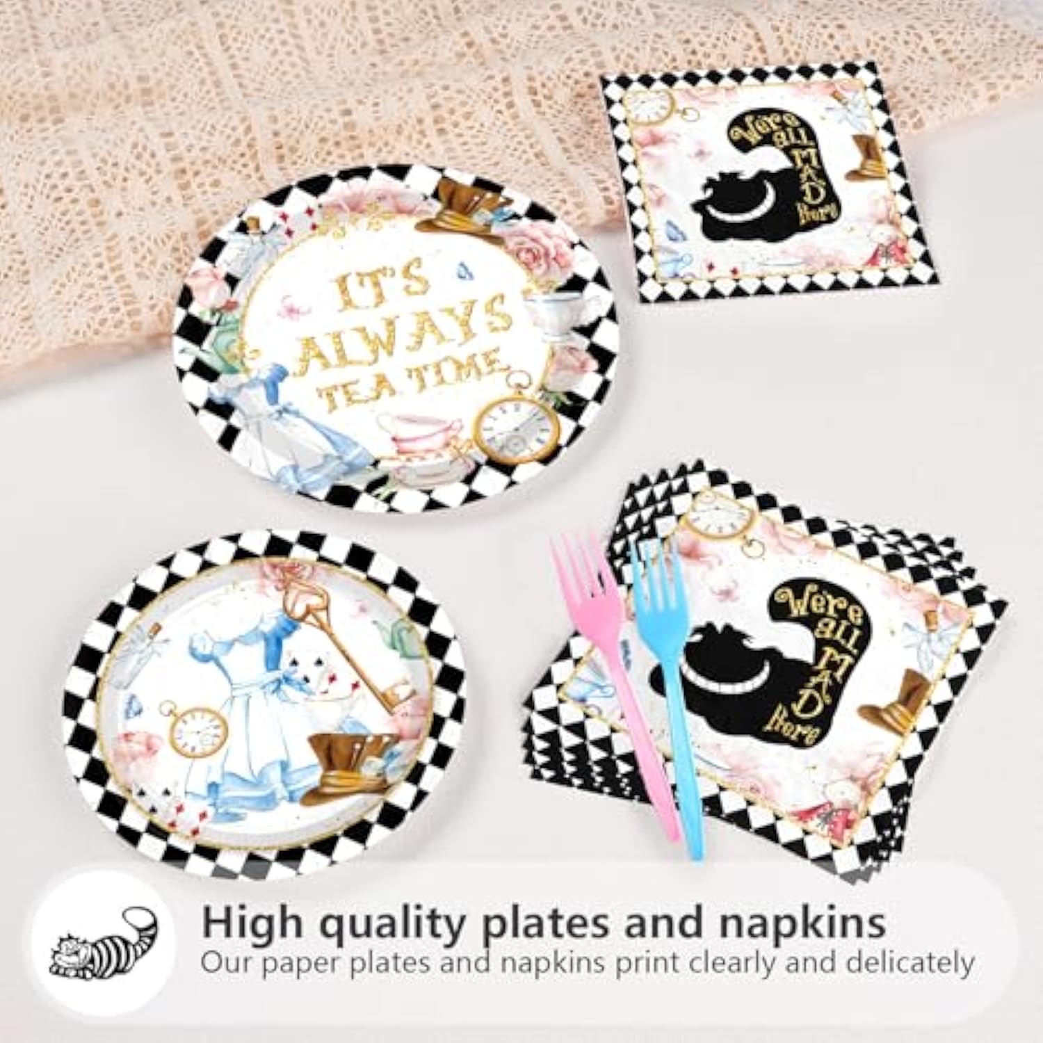 96 Pcs Alice In Onderland Party Decorations Tea Party Theme Birthday Baby Shower Paper Plates And Napkins Disposable Dessert Tableware Set For Girls Kids Birthday Baby Shower Decor Serves 24
