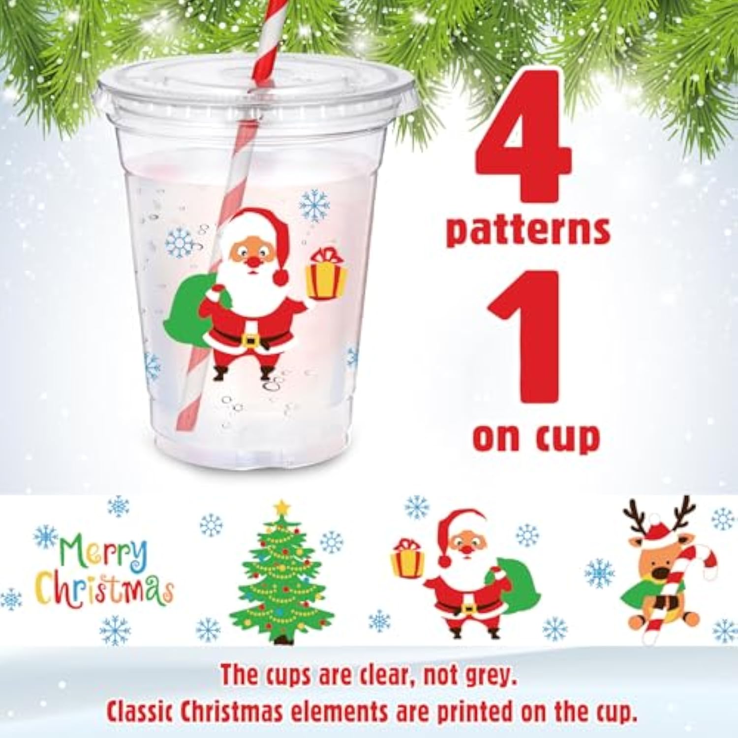 50 Sets Christmas Disposable Plastic Cups With Lids And Paper Straws 16 Oz Merry Christmas Clear Cold Beverage Drinking Cups For Xmas Holiday Party Supplies