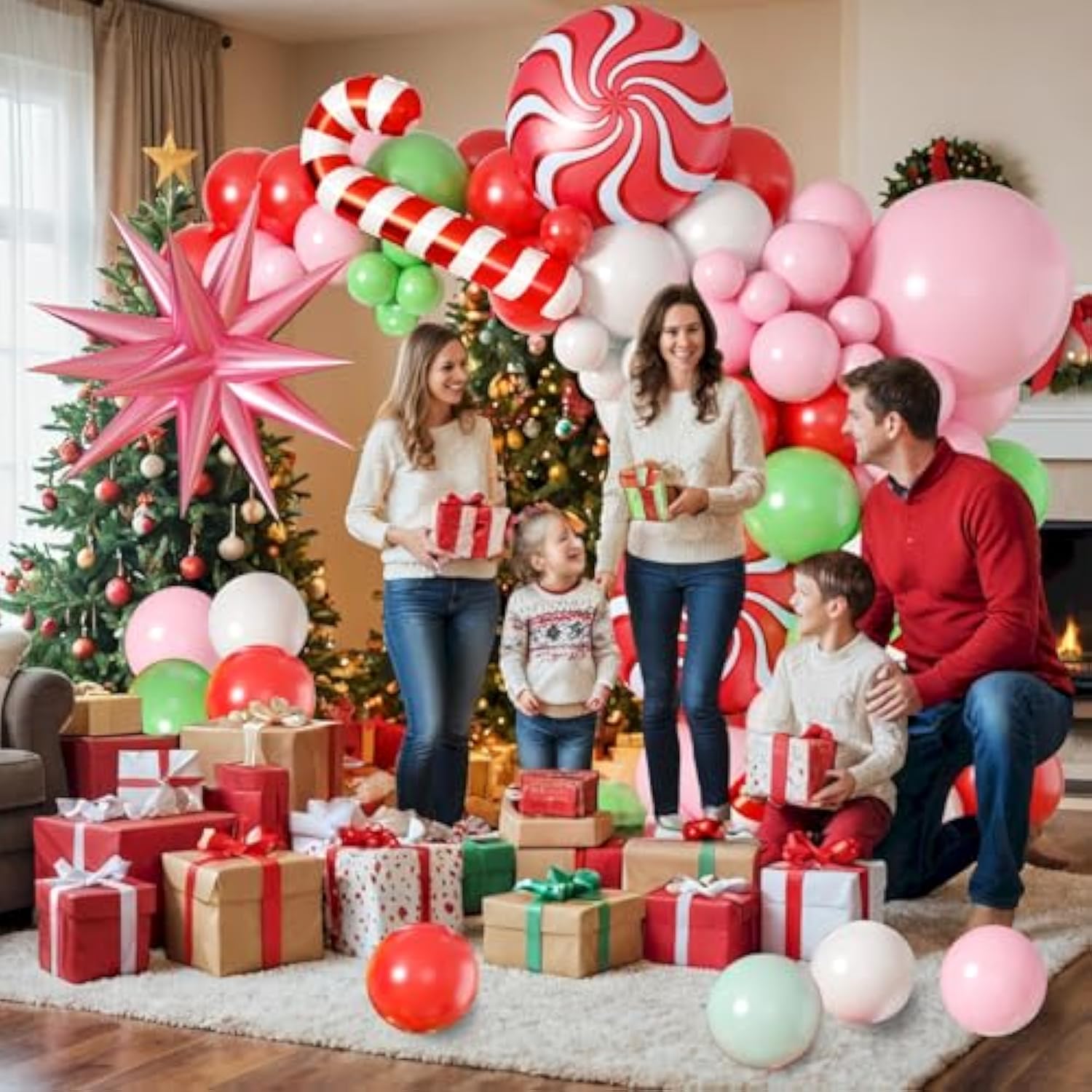 Christmas Balloons Arch - 125 Pcs Balloon Garland Kit With Green, Pink, Red Latex Balloons, Candy Cane & Star Foil Balloons For Christmas Party Decoration