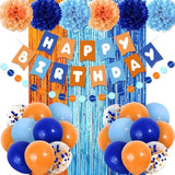 Boho Blue Boy Birthday Set: Banner, Balloons, Fringe & Pom Poms