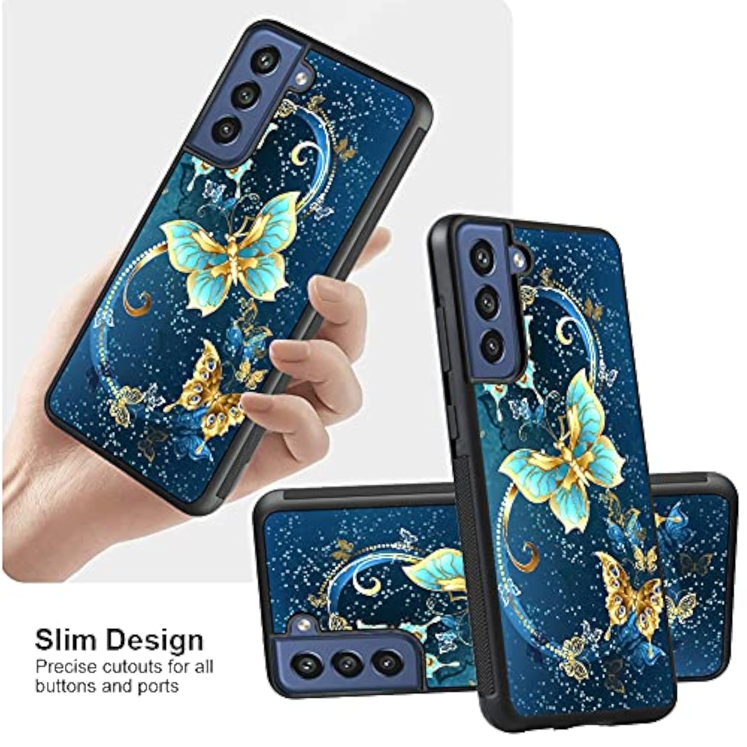 OOK Compatible with Samsung Galaxy S21 FE Case,[Built in Screen Protector] Anti Slip Shockproof Protective Case for Samsung Galaxy S21FE Blue Butterfly