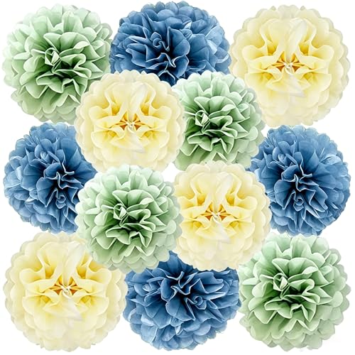 12 PCS Dusty Blue Sage Green Tissue Paper Pom Poms, Hanging Paper Flower Balls for Wedding, Baby Shower, Bridal Shower, Bachelorette, Birthday Party Decorations, Neutral Boho Theme Decor