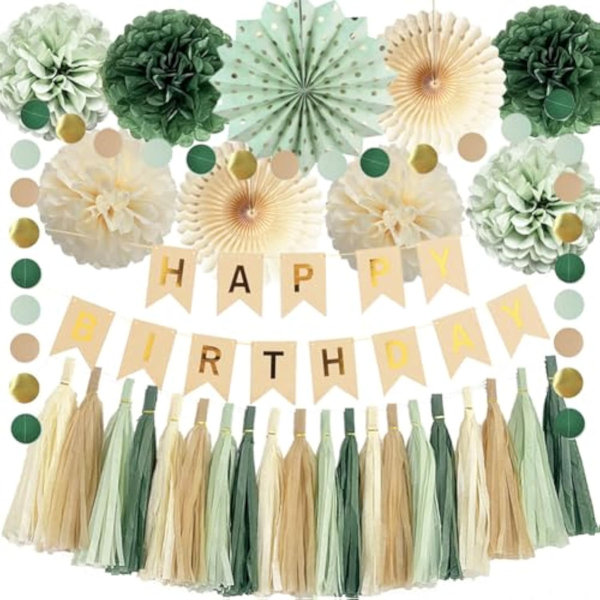 Sage Green Birthday Decorations With Happy Birthday Banner Sage Cream Paper Pom Poms Paper Tassels Circle Dots Garland For Girls Women Neutral Rustic Botanical Birthday Party Decor