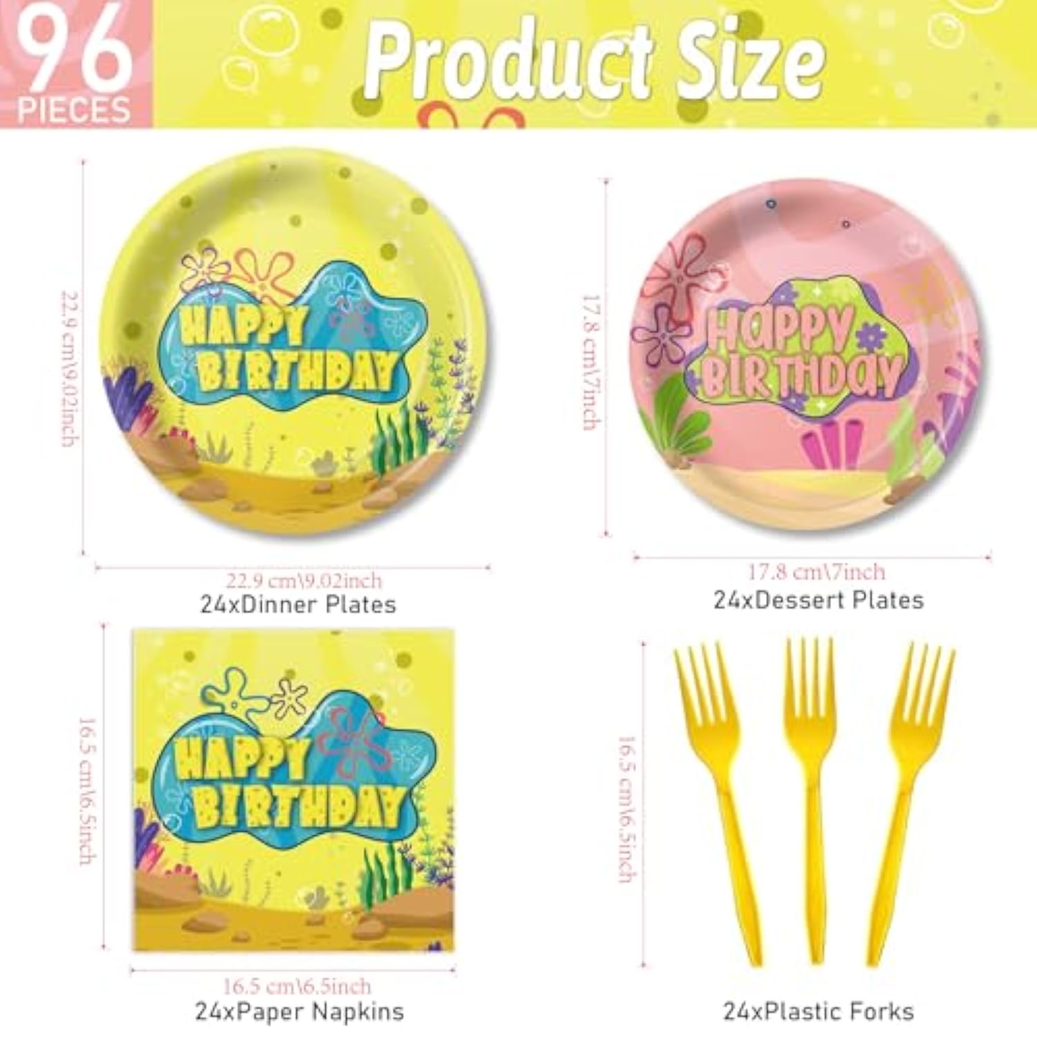 Yellow Cartoon Birthday Party Tableware Set – Ocean Theme Plates, Napkins, Forks, Disposable Party Decorations For Kids Birthday, Sea Underwater Theme Supplies For 24 Guests