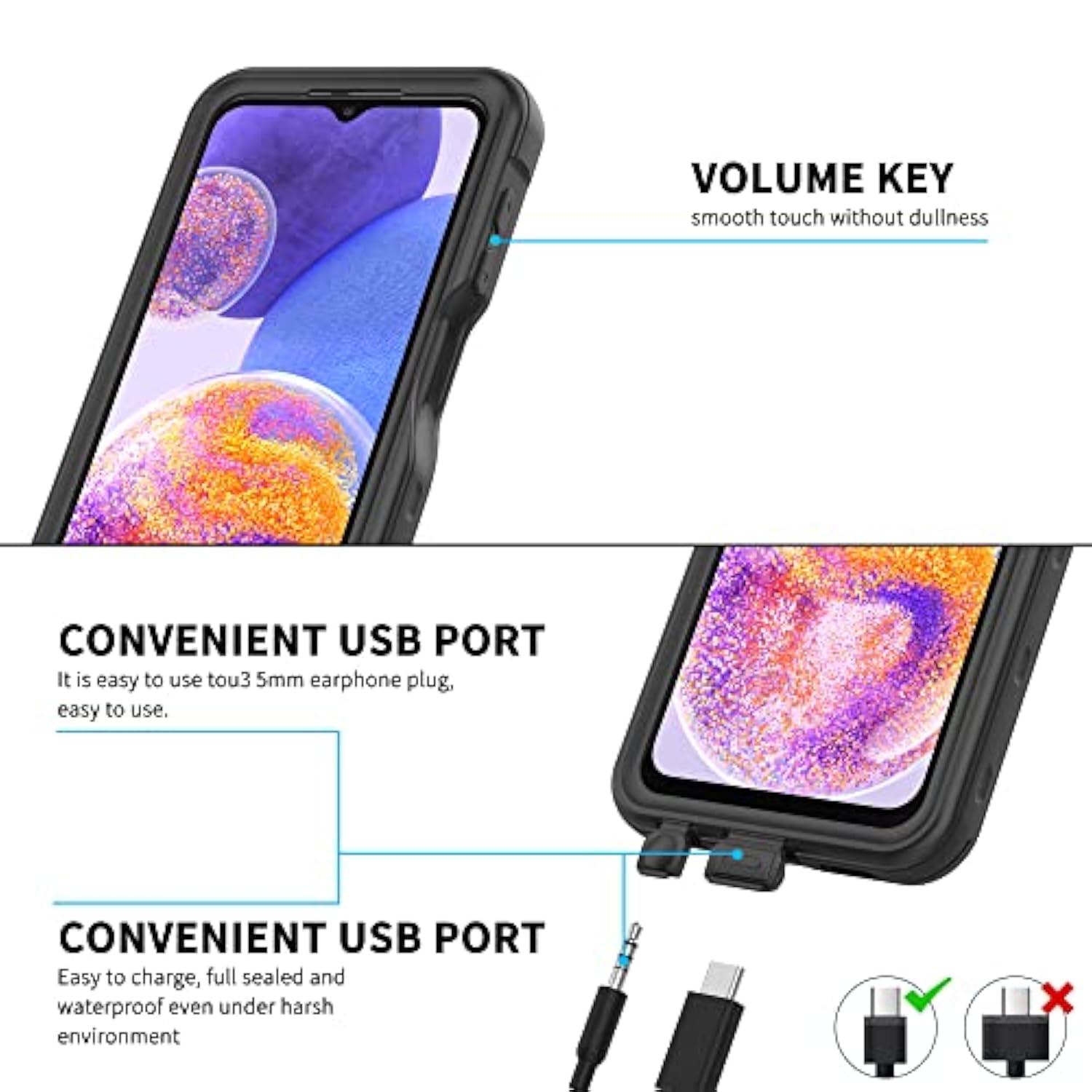 For Samsung Galaxy A23 5G Case, Waterproof Phone Case With Built-In Screen Protector And Lanyard, Full Body Underwater Dustproof Shockproof Rugged Heavy Duty Protection Cover For Samsung A23 5G Black