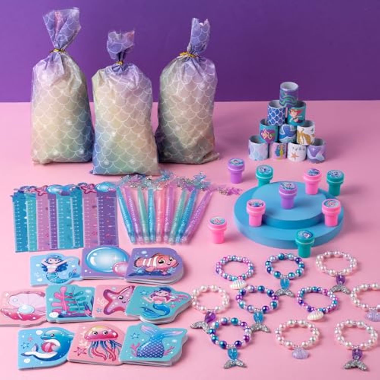 110Pcs Mermaid Party Favors Including Stampers, Notebooks, Mermaid Party Decorations