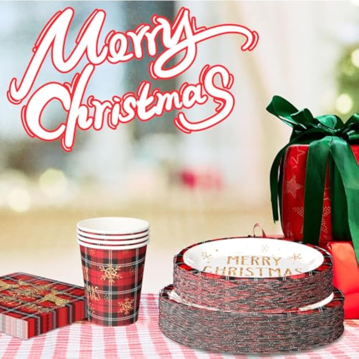 240 Pcs Christmas Paper Plates And Napkins Serve 30 Guests Christmas Party Supplies Disposable Xmas Tableware Set Plates Napkins Cups With Knife Fork Spoon(Red,Plaid Style)