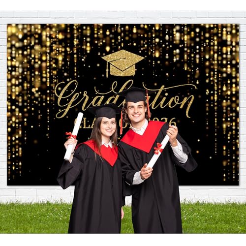 8x6ft Polyester Black Congrats Graduation Backdrop Class of 2026 Photography Background Gold Bachelor Cap Celebration Party Decorations Banner Picture Photo Booth