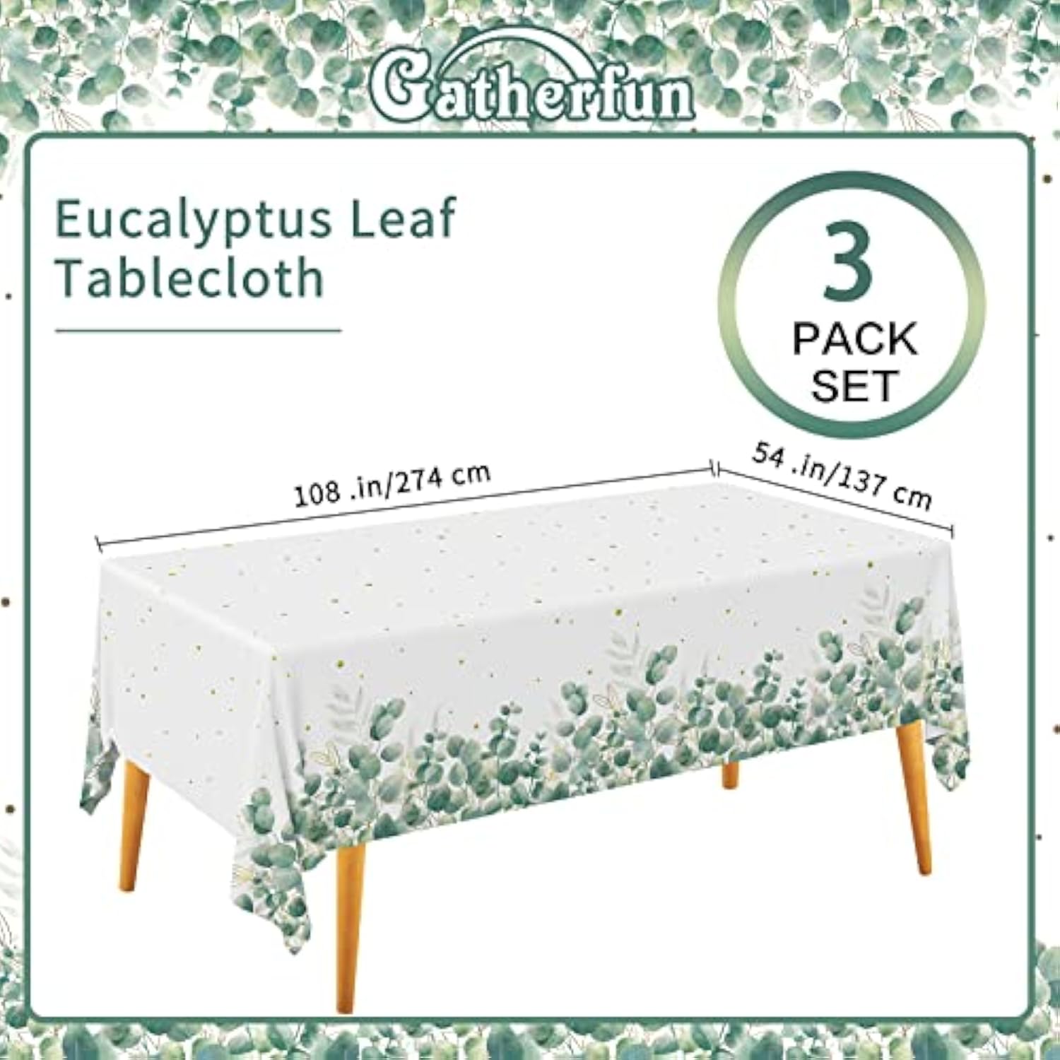 3PCS Sage Greenery Baby Shower Tablecloths, 54"x108" for Boho Party Decor