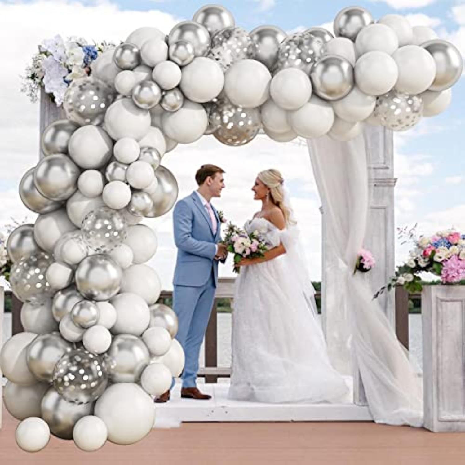 103Pcs Balloon Arch Garland Kit, White Metallic Silver Latex Balloon G