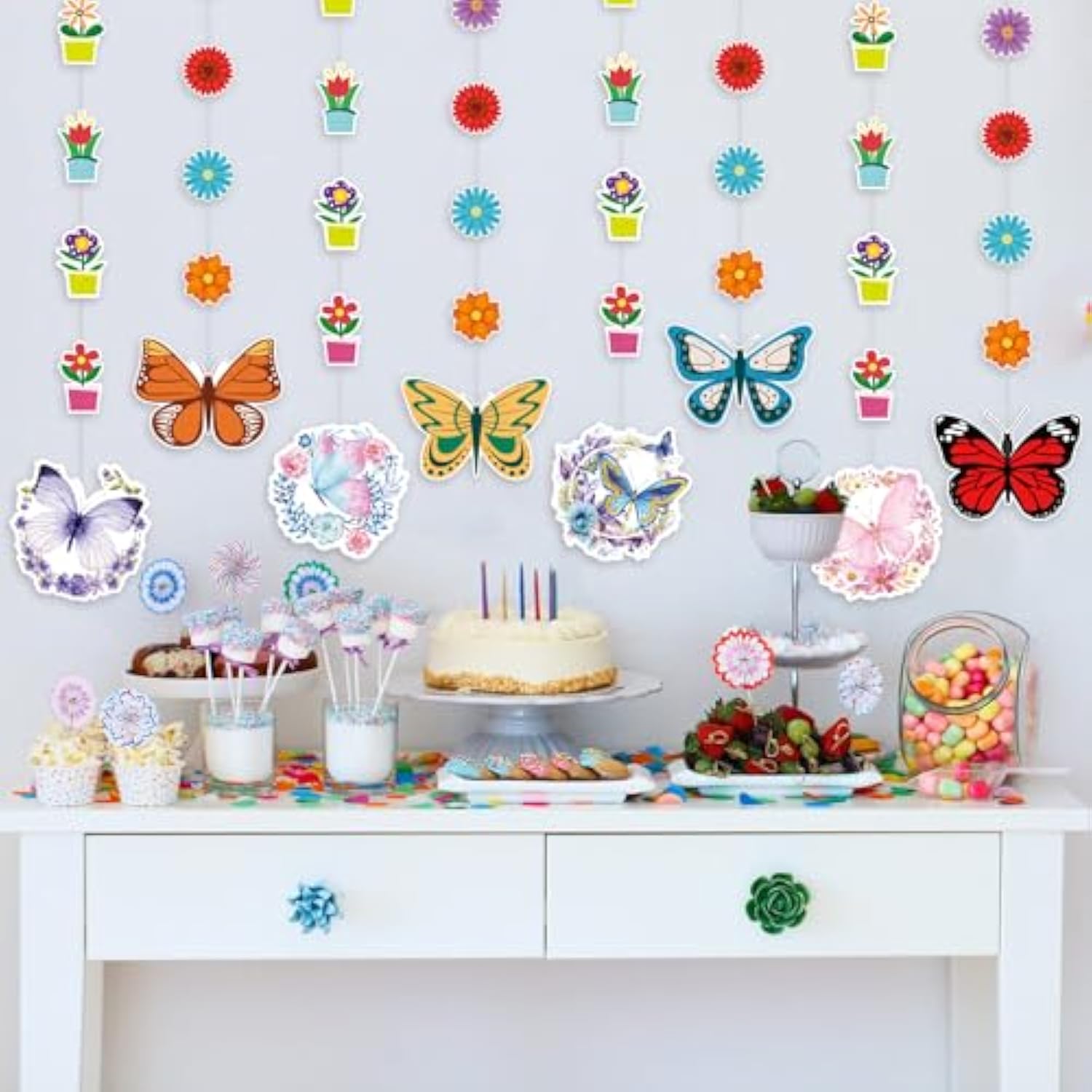 Spring Decorations - 8 Pack Spring Flower Butterfly Hanging Party Decor Spring Summer Floral Butterfly Garland Banner For Home Classroom Wedding Birthday Party Supplies