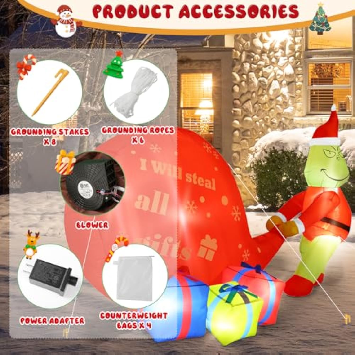 Christmas Green Big Monster Inflatable Decorations, 5.5Ft Lighted Up Christmas Outdoor Inflatable Decor Build-In 8 Led,