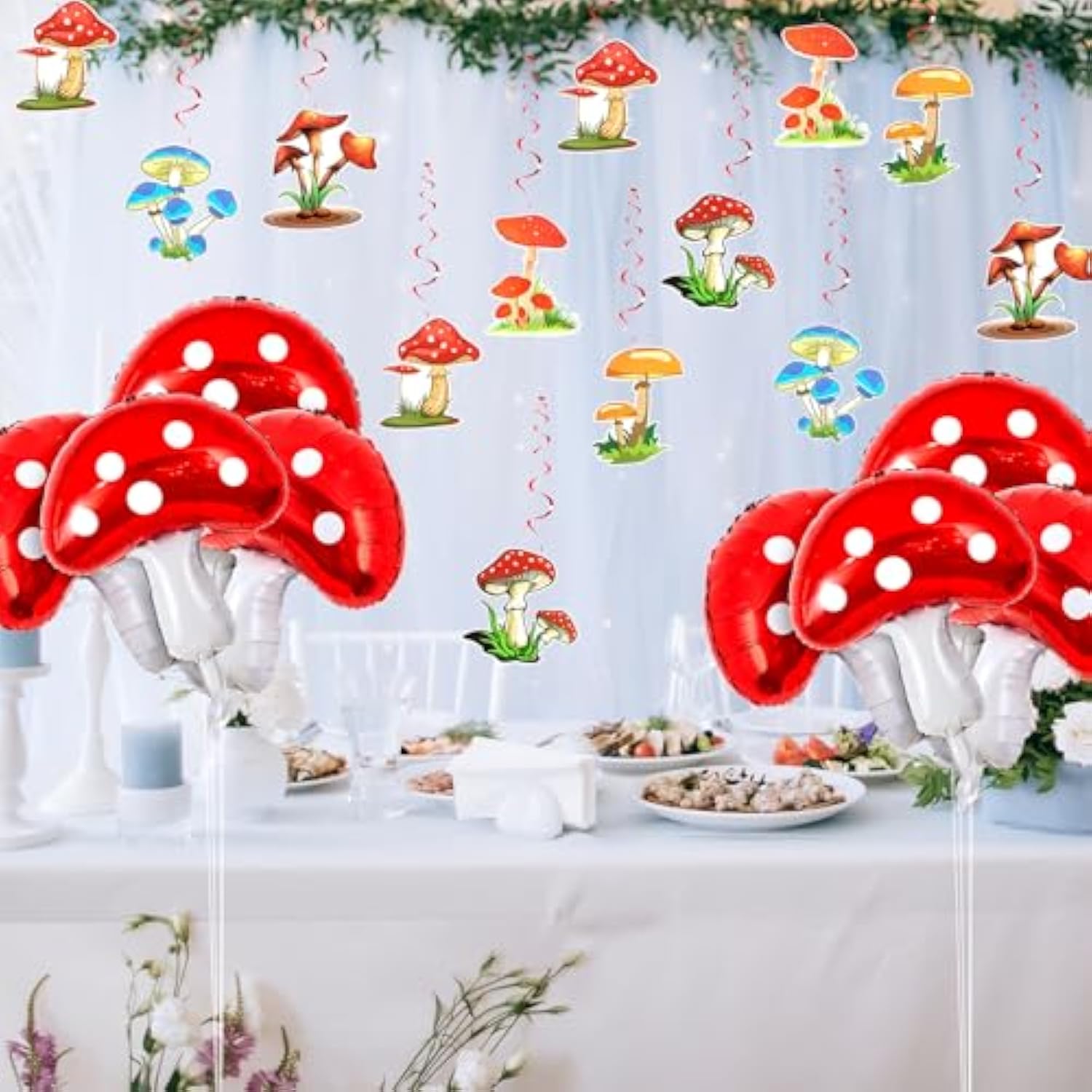 28 Pcs Mushroom Decorations Hanging Swirls Foil Balloons Forest Plant Theme Balloon Wonderland Party Supplies Wall Decor For Wedding Birthday