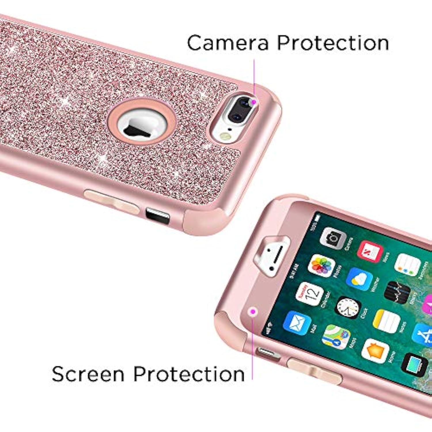 Designed For Iphone 8 Plus, Iphone 7 Plus Case, Heavy Duty Defender Protective Bling Glitter Sparkle Hard Shell Hybrid Shockproof Rubber Bumper Cover For 7 Plus And 8 Plus, Rose Gold