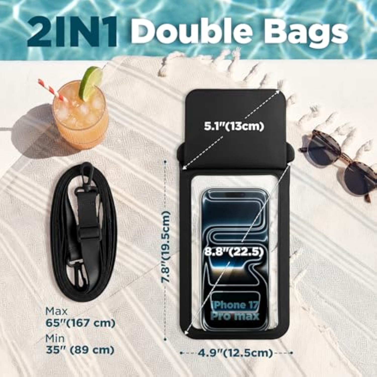 Waterproof Phone Pouch 2 Pack Up to 8.8 Double Bag Black Green