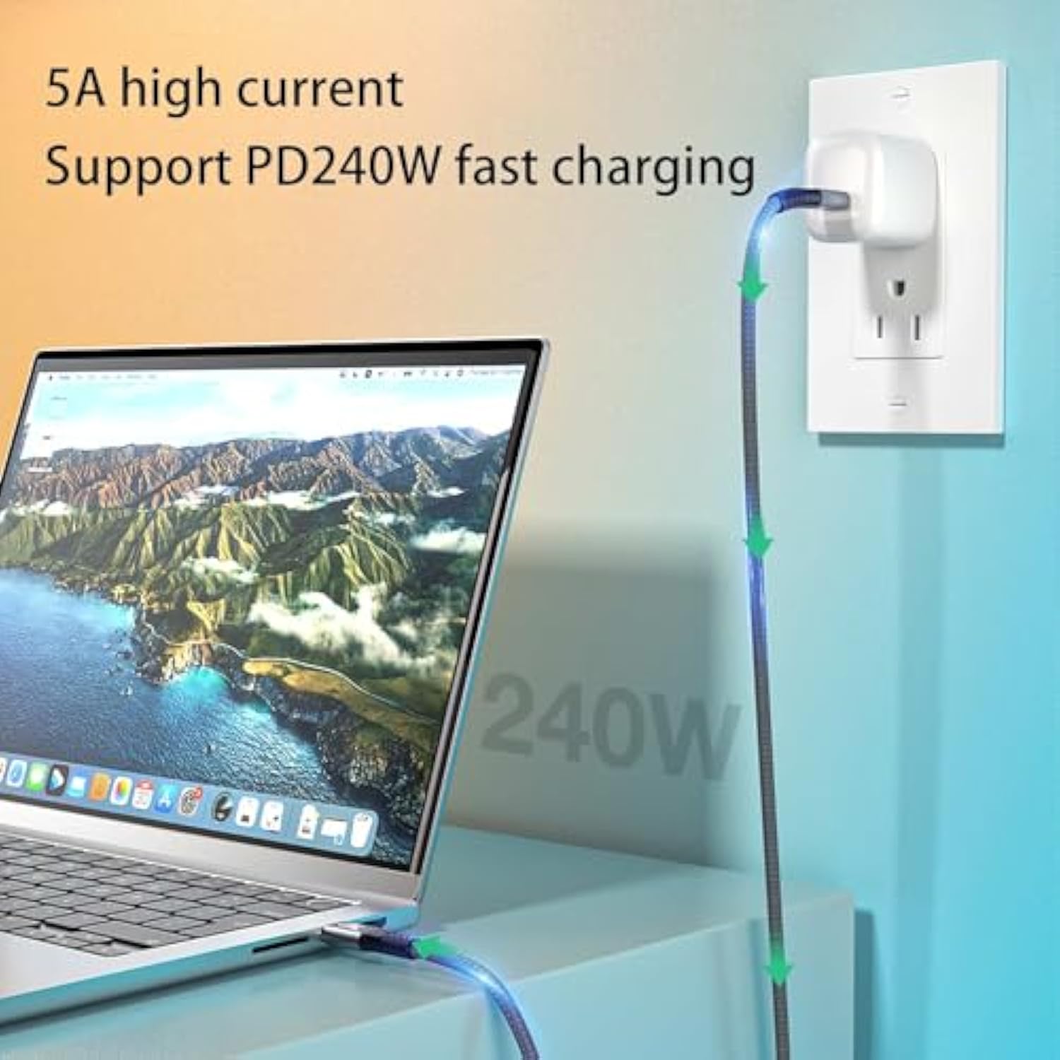 10Ft Grey Usb-C To Usb-C Woven Charge Cable, Super Fast Charging, Compatible With Macbook Pro/Air, Iphone 15 Plus, Ipad Pro, Samsung Galaxy S24/S23/S22/S21, Pixel, Laptops