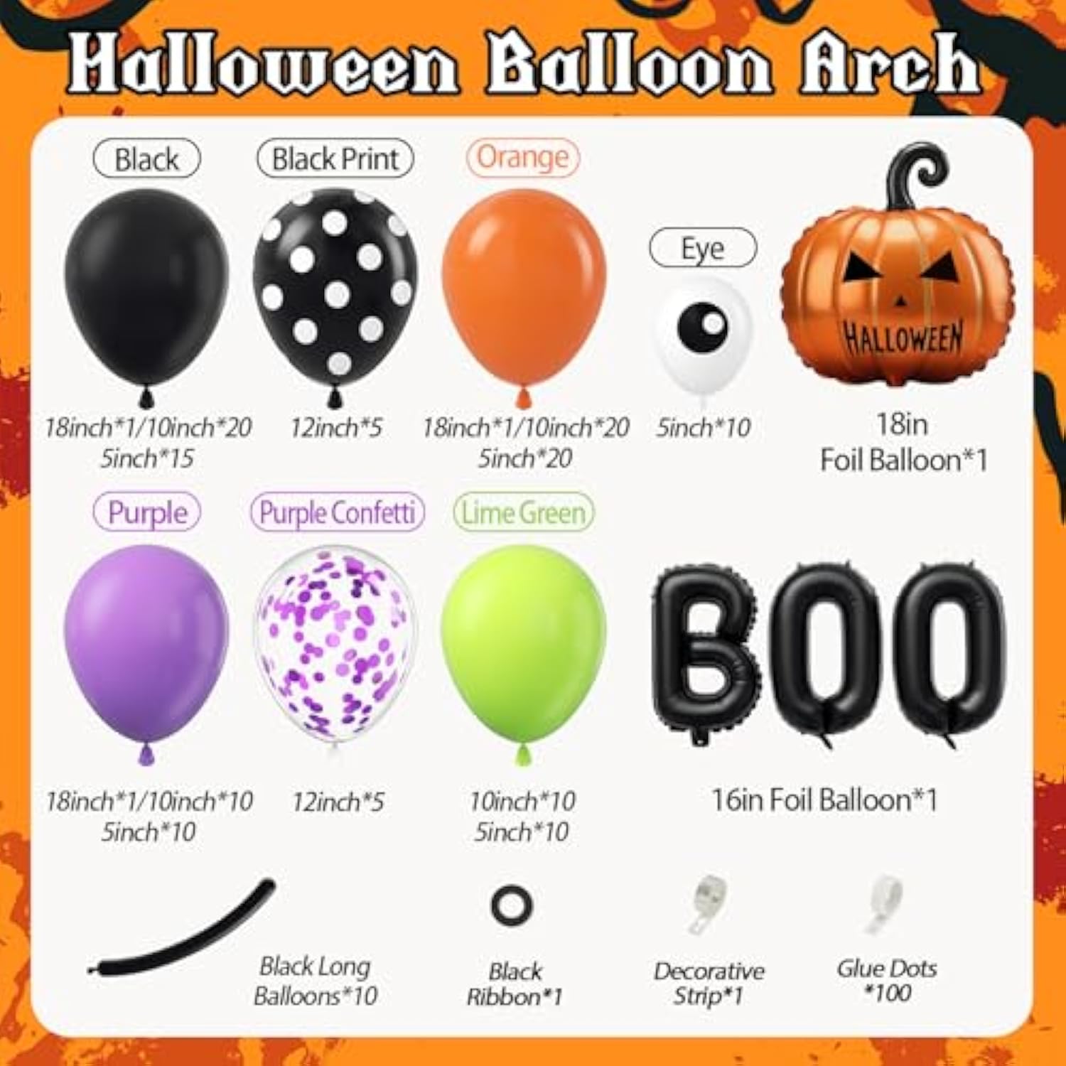 Halloween Balloon Arch Kit: Orange, Black, Purple, Green - 153 Piece