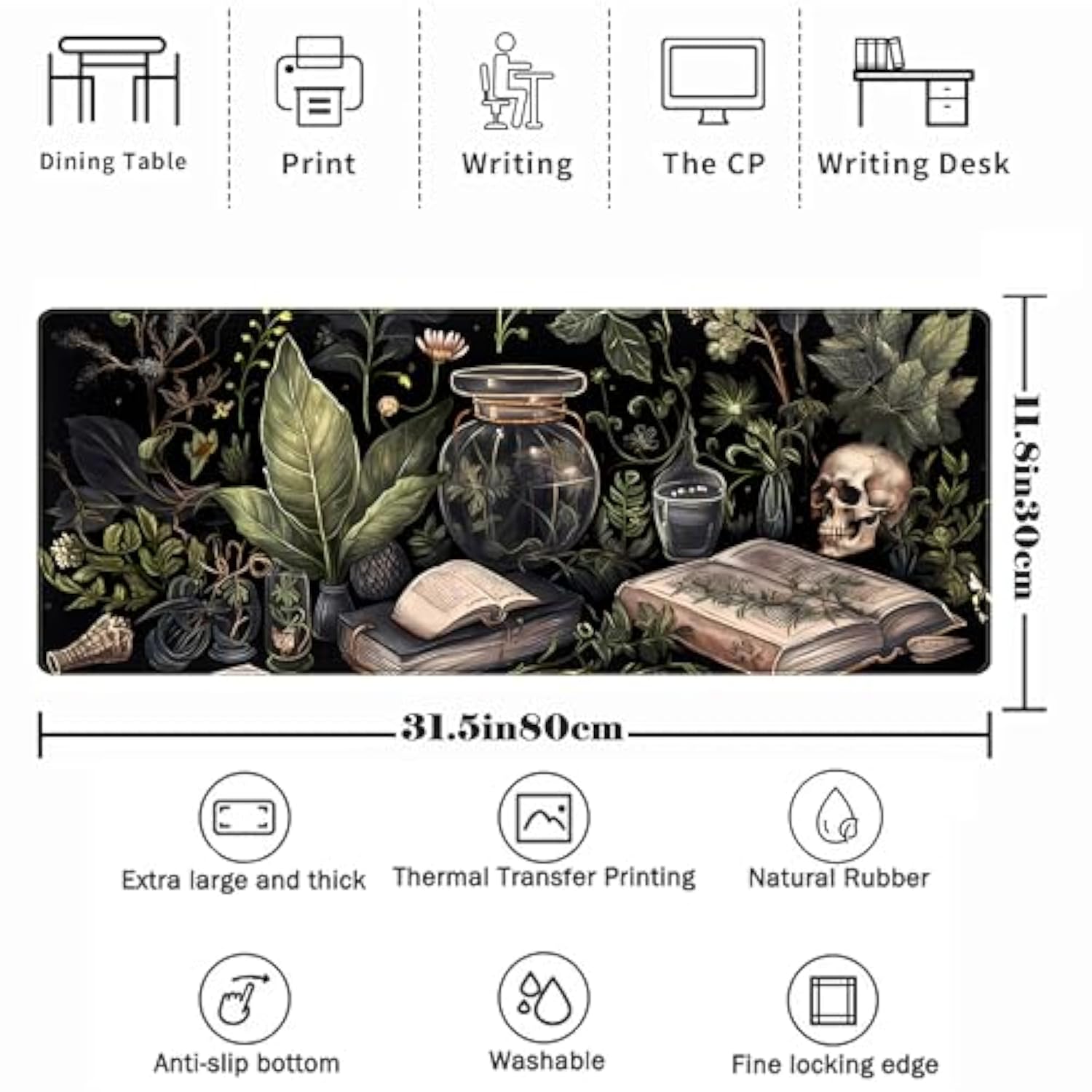 Dark Academia Desk Mat Mouse Pad Xl Extended Large Gaming Desk Pad Mousepad, Mystical Green Plant Computer Laptop Keyboard And Mouse Mat, Desktop Protector Mat For Women Girl Office 31.5X11.8 In