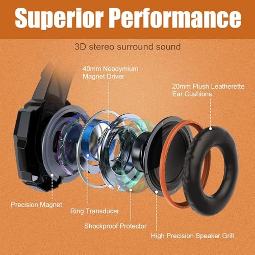 G9000 Stereo Gaming Headset For Ps4, Pc, Xbox One Controller, Noise Cancelling Over Ear Headphones With Mic, Led Light, Bass Surround, Soft Memory Earmuffs (Orange)