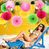 13 Pcs Hawaiian Party Honeycomb Paper Cutouts, Tropical Flamingo Honeycomb Paper, Flamingo Pineapple Fan Lantern Pom Flowers Honeycombs For Tropical Summer Beach, Birthday, Luau Party Supplies