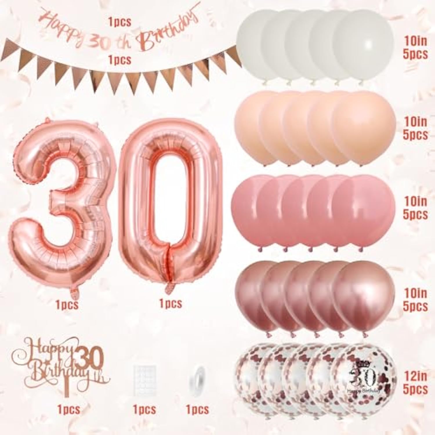 30Th Birthday Decorations Retro Pink Rose Gold,30Th Birthday Balloons,Happy 30Th Birthday Banner With Cake Toppers Rose Gold Number 30 Balloons Confetti Balloons For Women Birthday Party Decorations