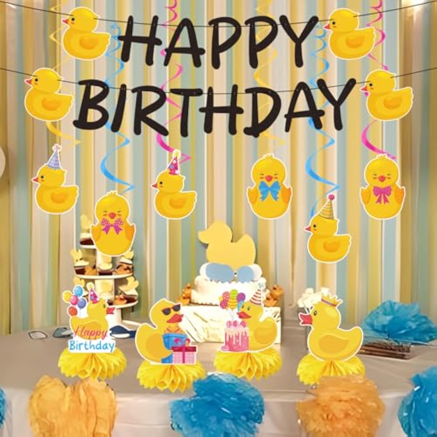 18Pc Duck Birthday Party Decorations Banner, Hanging Swirls, & Table Centerpieces