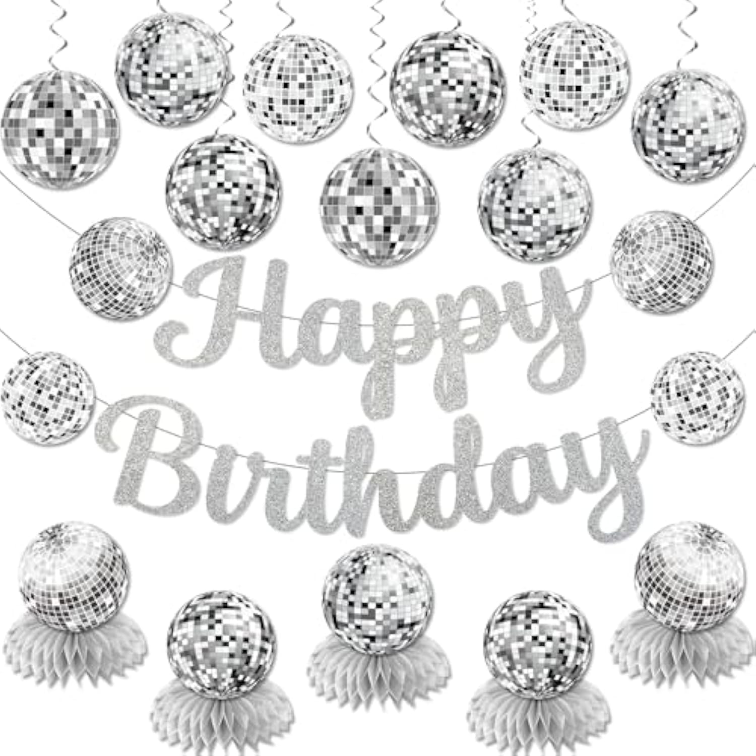 Disco Party Decorations Silver Disco Ball Banner Honeycomb Centerpieces Pack