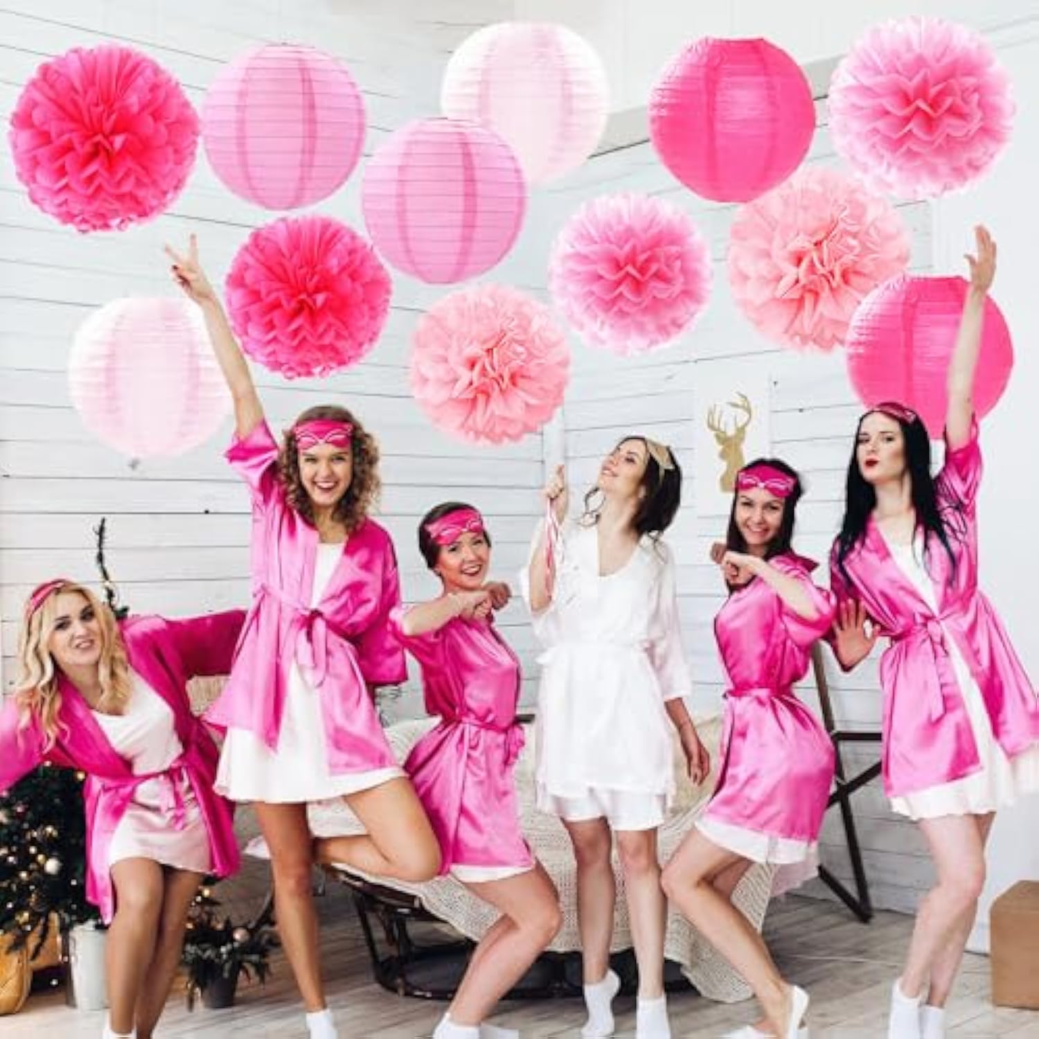 Light-Hot Pink Party-Decorations Paper-Flowers Lanterns - 15Pcs Graduation Girl Birthday Decor Tissue Pom Poms Streamers, Bridal Baby Shower Wedding Bachelorette Valentine Hanging Supplies