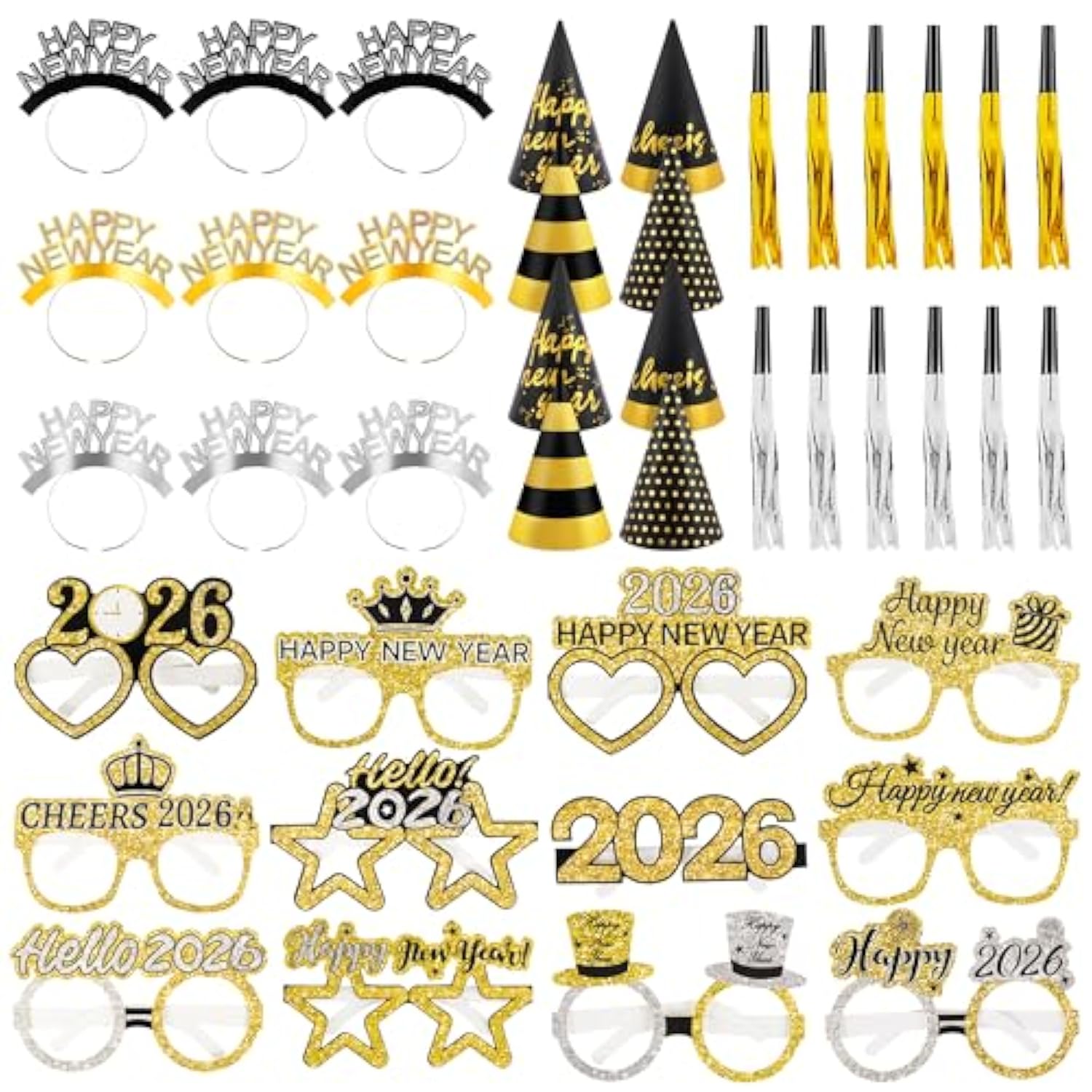 New Year 2026 Party Kit 41pcs Favors Hats Glasses Noise Makers