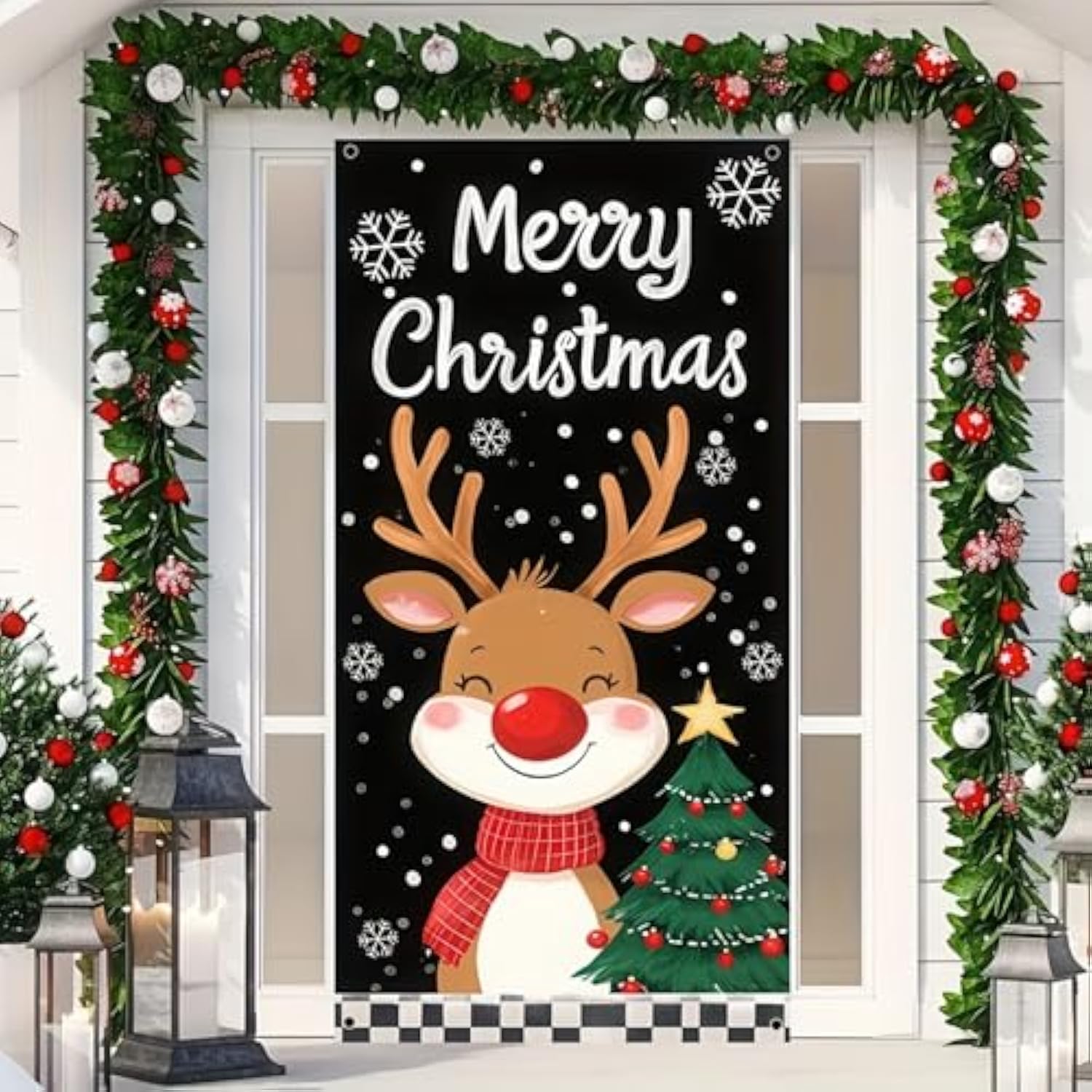 Christmas Door Cover Reindeer And Christmas Tree Design 71 X 35 Inch Merry Christmas Reindeer Hanging Banner Backdrop Photography Background Banner For Front Door Holiday Decor