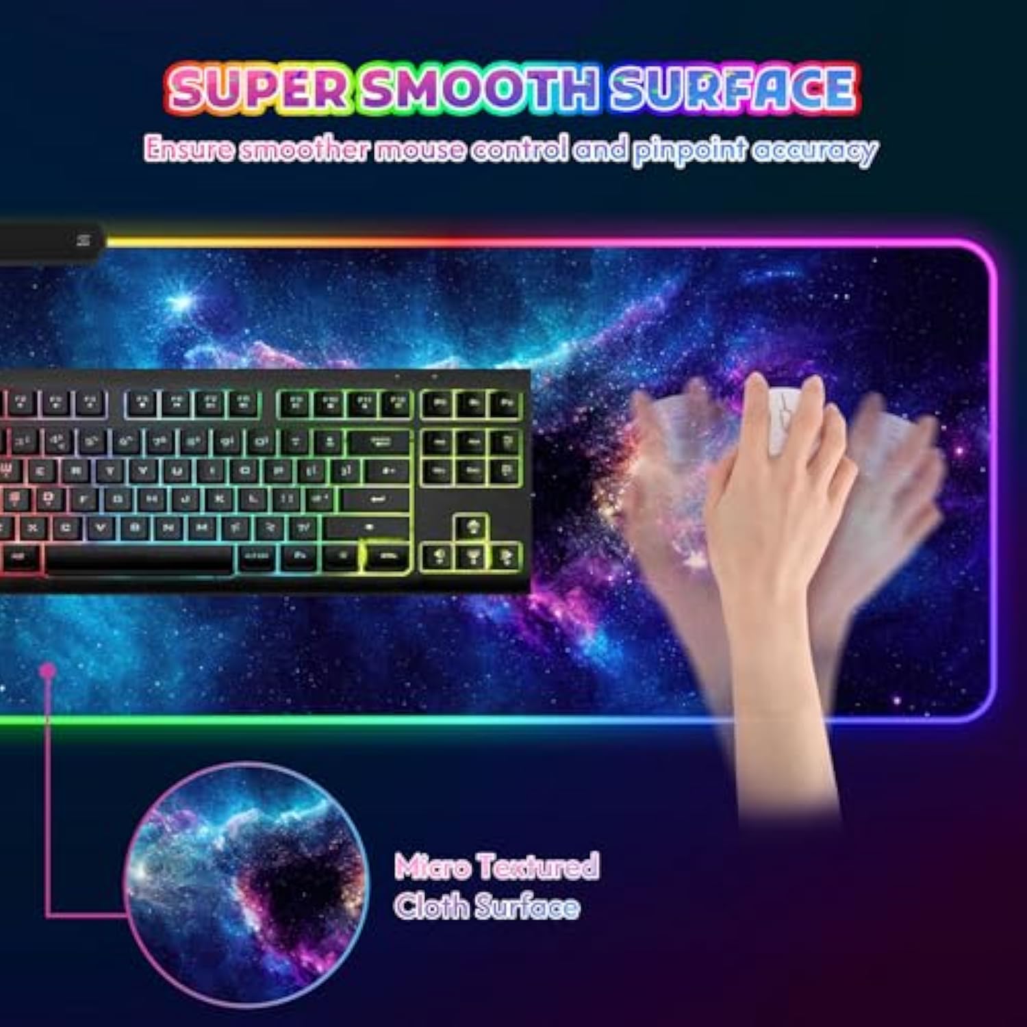ToLuLu RGB Mouse Pad Gaming, Large LED Mouse Pad with 14 Lights Modes, 35.4 x 15.7 inches XXL Desk Mat for Keyboard and Mouse, Extended Desk Pad Mat PC Gaming Mousepad Accessories?Blue Purple Galaxy