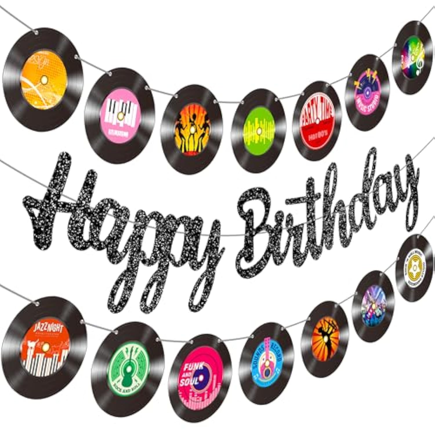 3Pcs Rock And Roll Vinyl Records Birthday Party Decorations Retro Vinyl Record Cutout Banners With Black Glitter Happy Birthday Banner For 50S 70S 90S Style Birthday Rock Music Dj Party Baby Shower Supplies