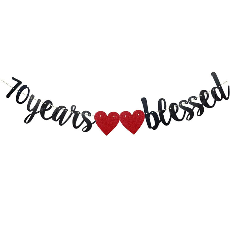 70 Years Blessed Banner,Pre-Strung, Black Paper Glitter Party Decorati