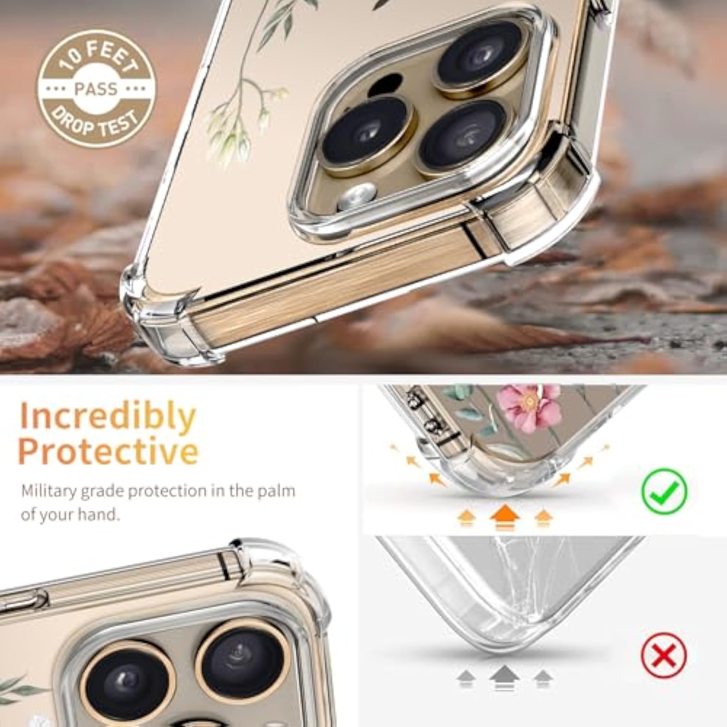 For Iphone 16 Pro Case ,[3 In 1]With Screen Protector & Camera Lens Protector, Flower Pattern Design,Clear Soft Shockproof Slim Floral Phone Cover For Women Girls 2024 6.3" (Blooming Flowerets)